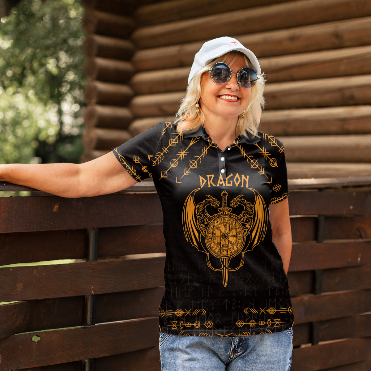 Personalized Viking Dragon Women Polo Shirt with Sword Gold Scandinavian Tattoo - Wonder Print Shop