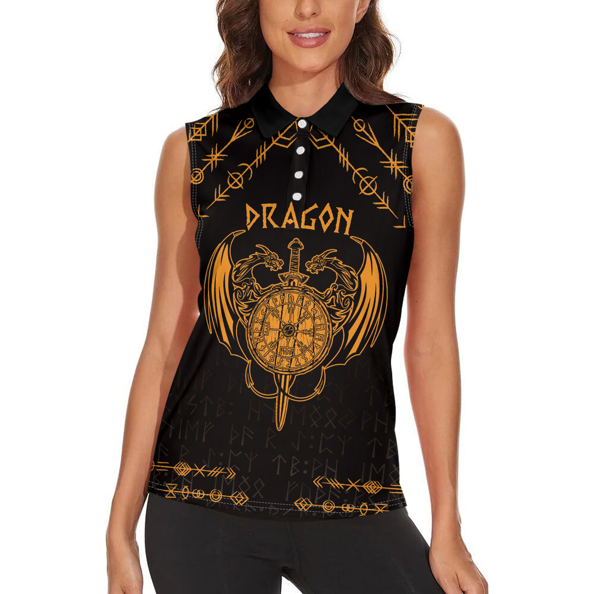 Personalized Viking Dragon Women Sleeveless Polo Shirt with Sword Gold Scandinavian Tattoo - Wonder Print Shop