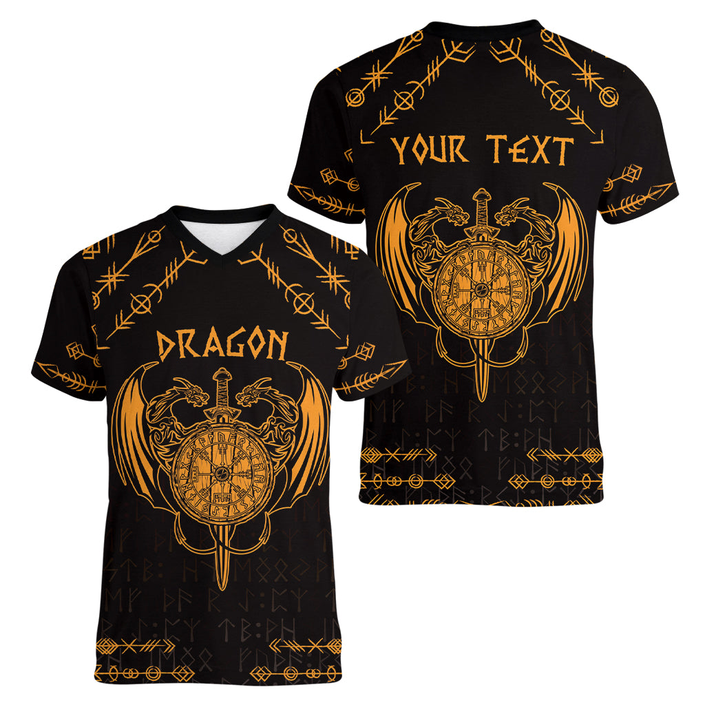 Personalized Viking Dragon Women V-Neck T-Shirt with Sword Gold Scandinavian Tattoo - Wonder Print Shop