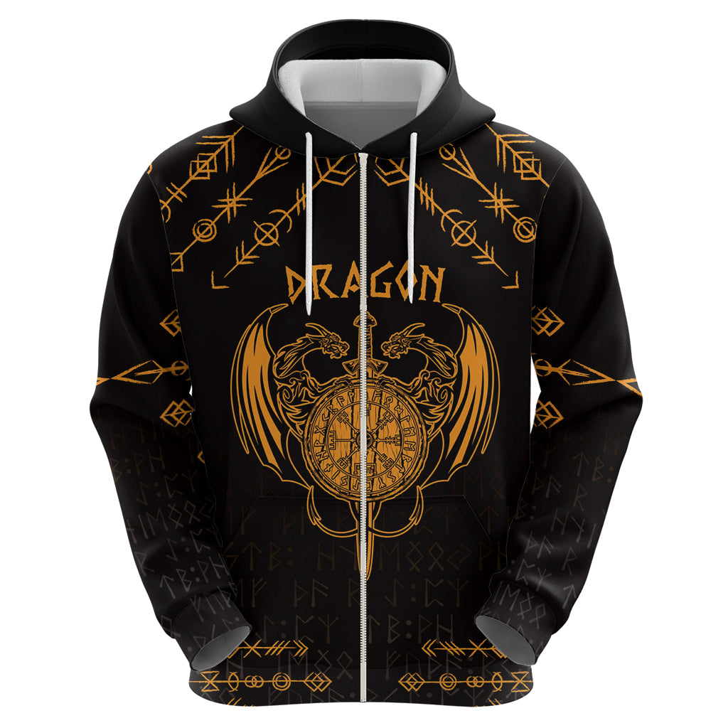 Personalized Viking Dragon Zip Hoodie with Sword Gold Scandinavian Tattoo - Wonder Print Shop