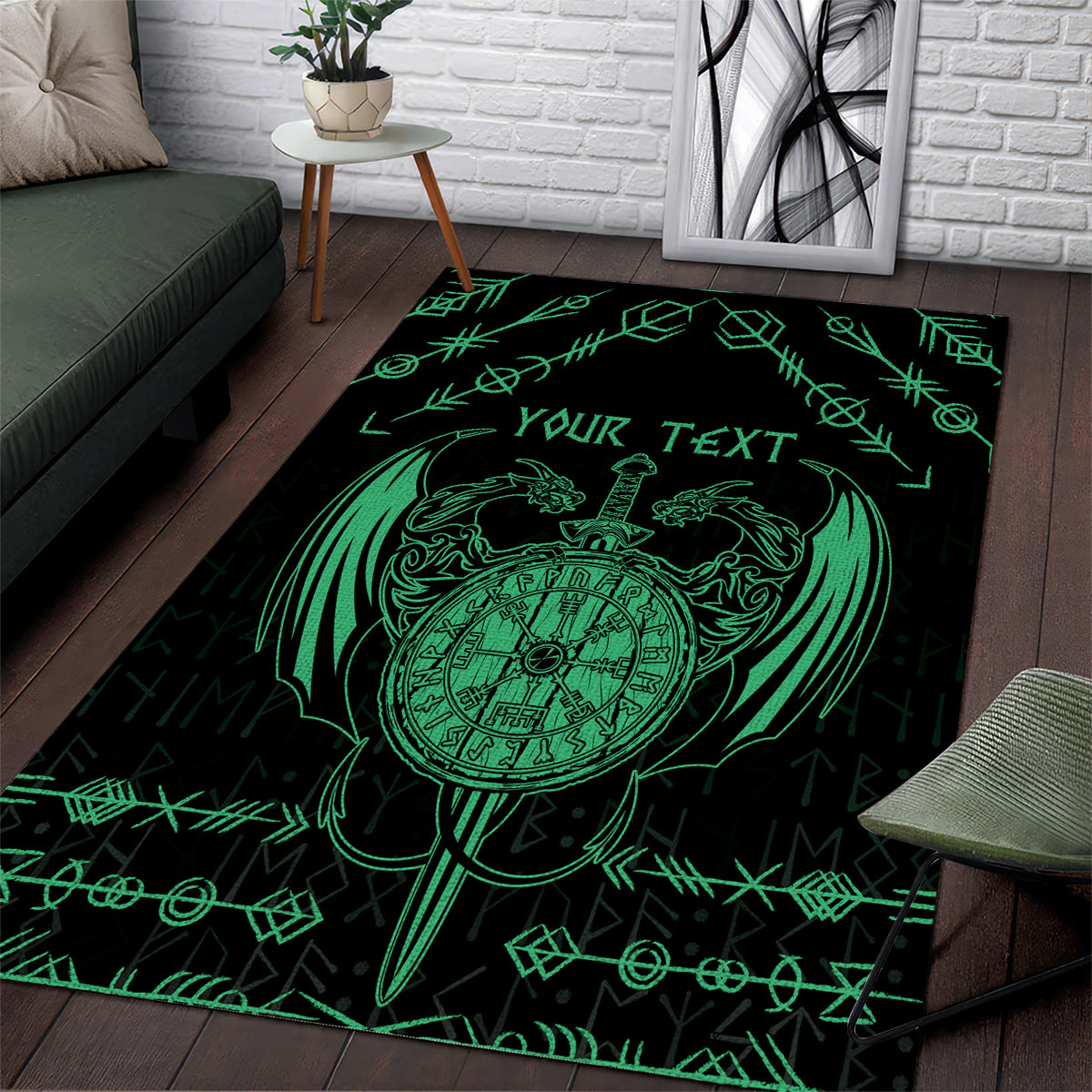 Personalized Viking Dragon Area Rug with Sword Green Scandinavian Tattoo