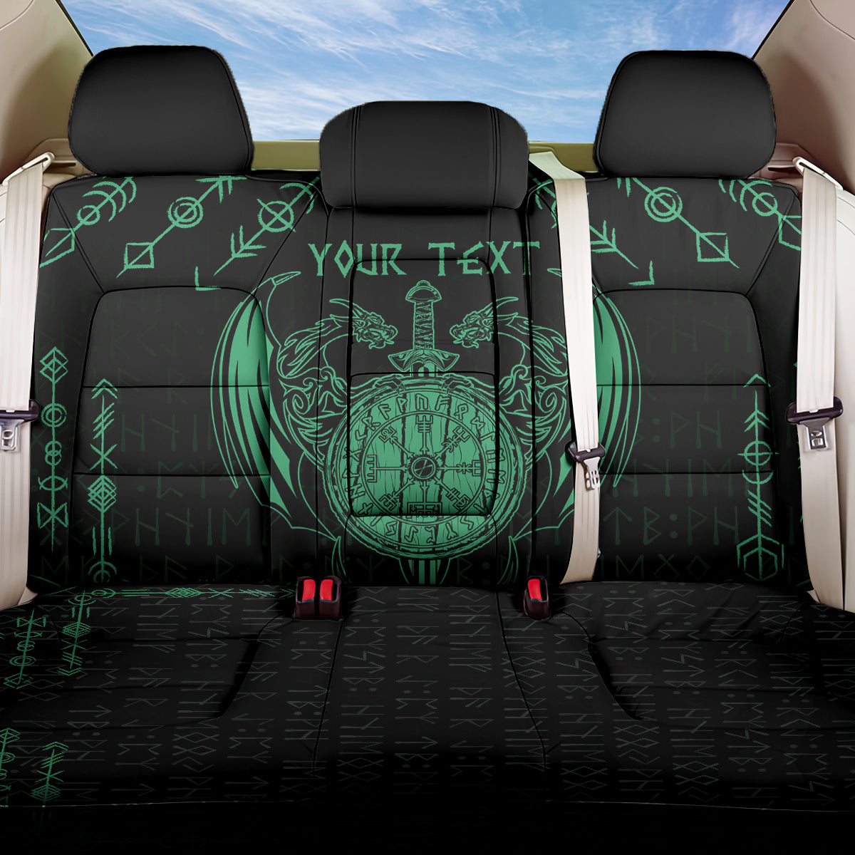 Personalized Viking Dragon Back Car Seat Cover with Sword Green Scandinavian Tattoo