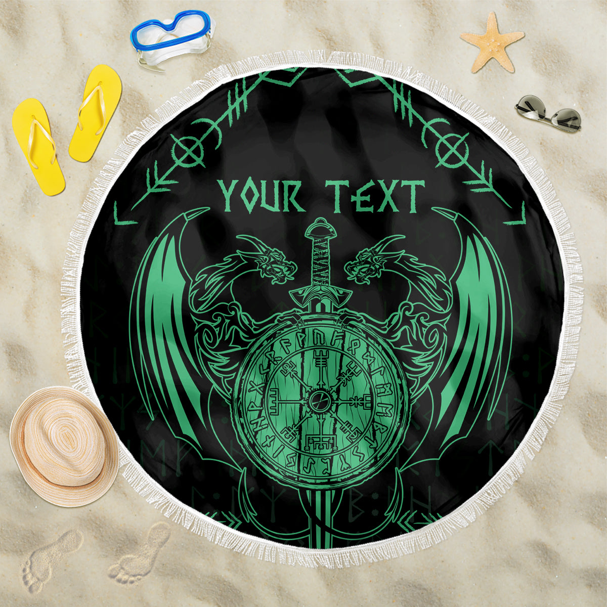 Personalized Viking Dragon Beach Blanket with Sword Green Scandinavian Tattoo