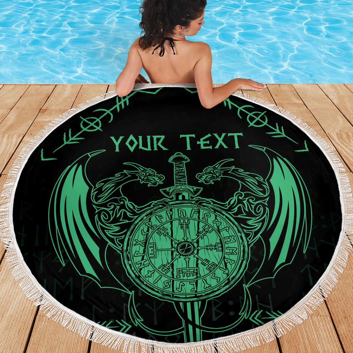Personalized Viking Dragon Beach Blanket with Sword Green Scandinavian Tattoo LT9 - Wonder Print Shop