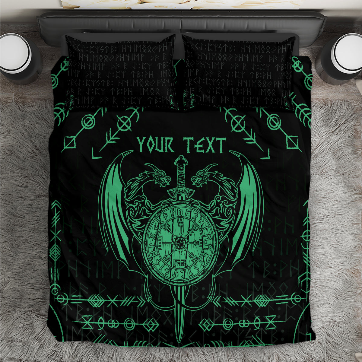 Personalized Viking Dragon Bedding Set with Sword Green Scandinavian Tattoo