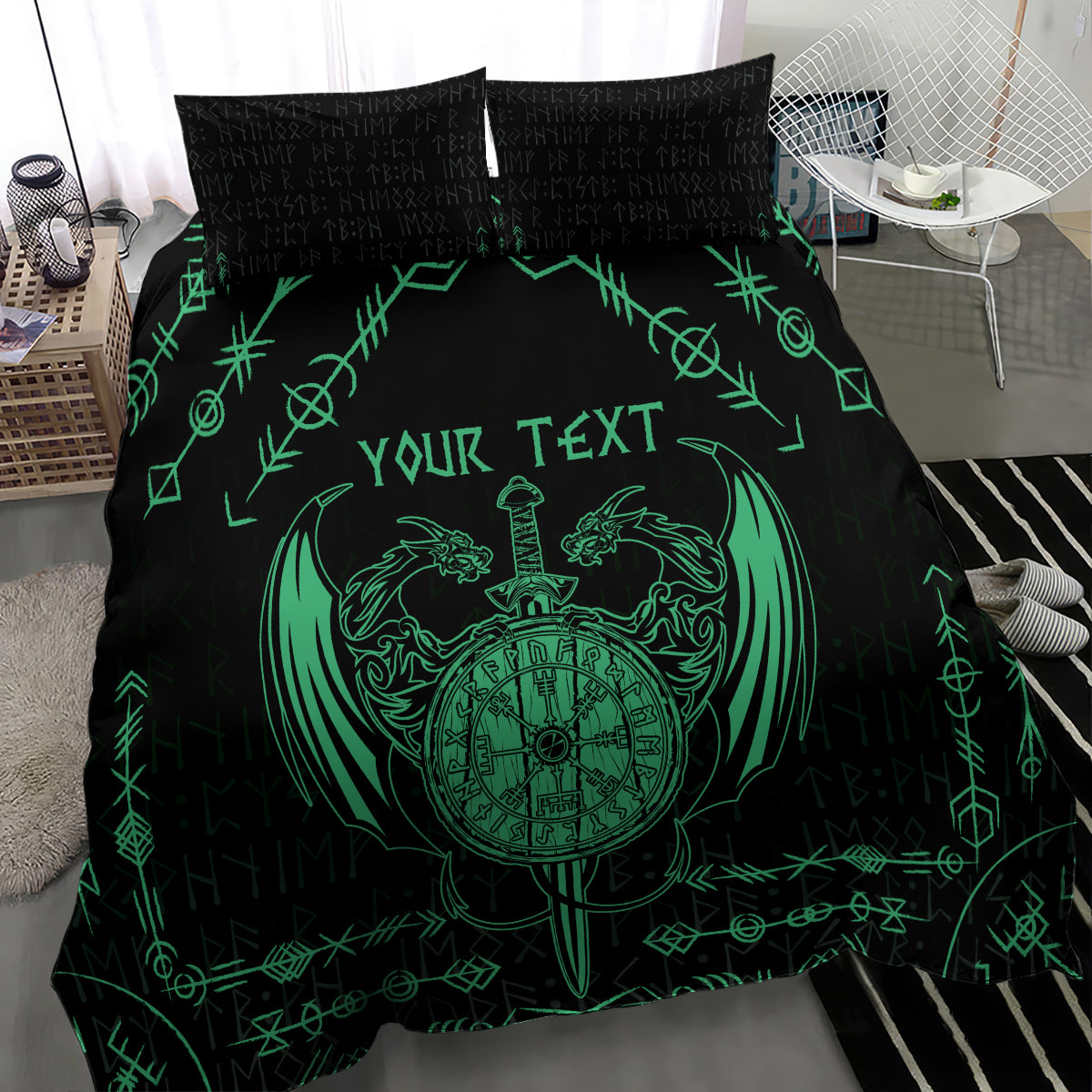 Personalized Viking Dragon Bedding Set with Sword Green Scandinavian Tattoo LT9 - Wonder Print Shop