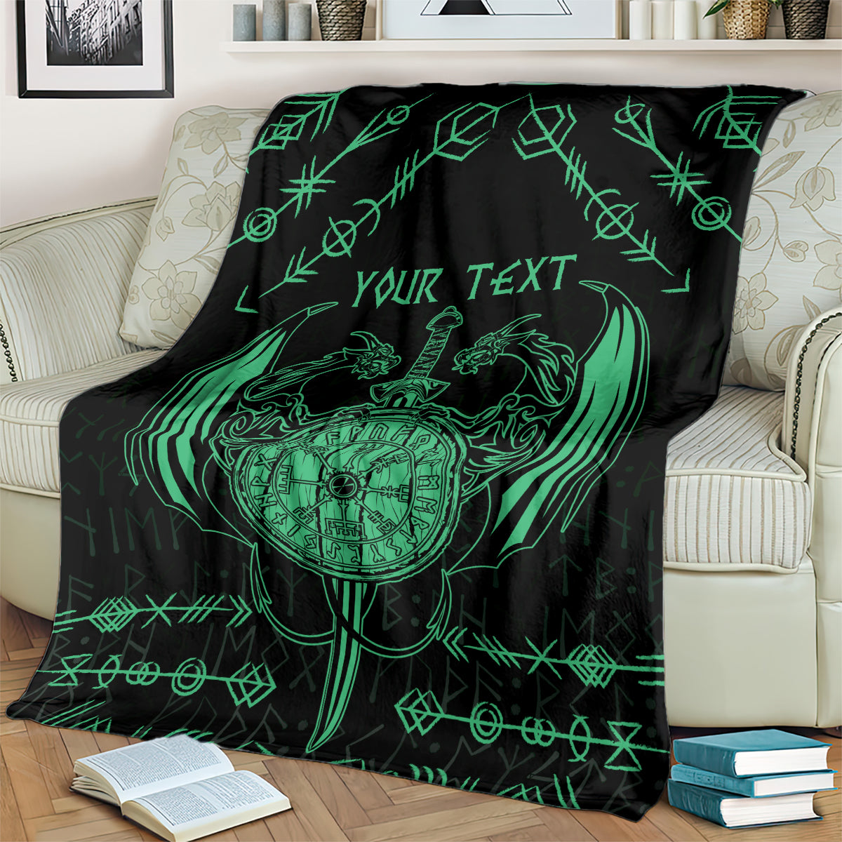 Personalized Viking Dragon Blanket with Sword Green Scandinavian Tattoo