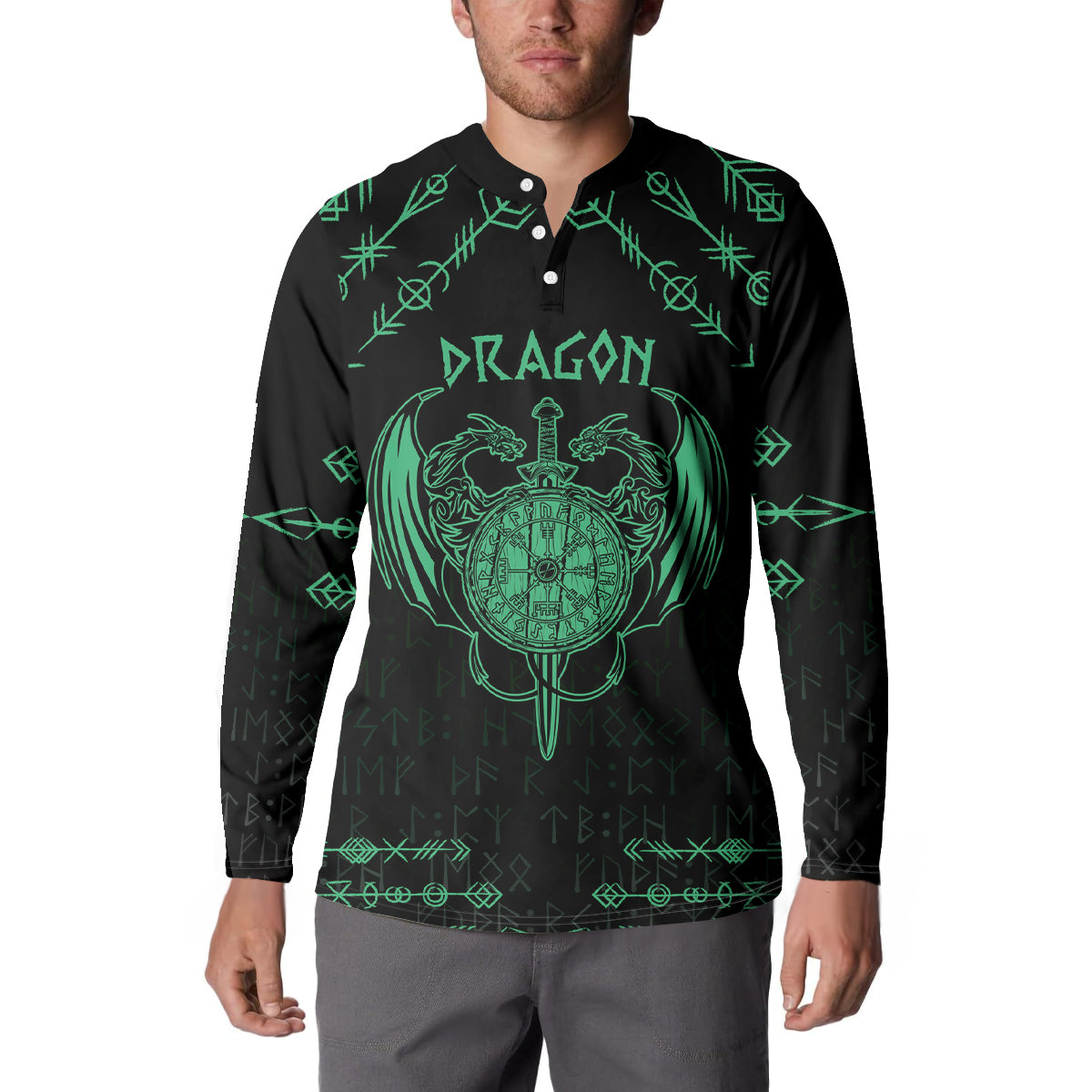 Personalized Viking Dragon Button Sweatshirt with Sword Green Scandinavian Tattoo LT9 - Wonder Print Shop