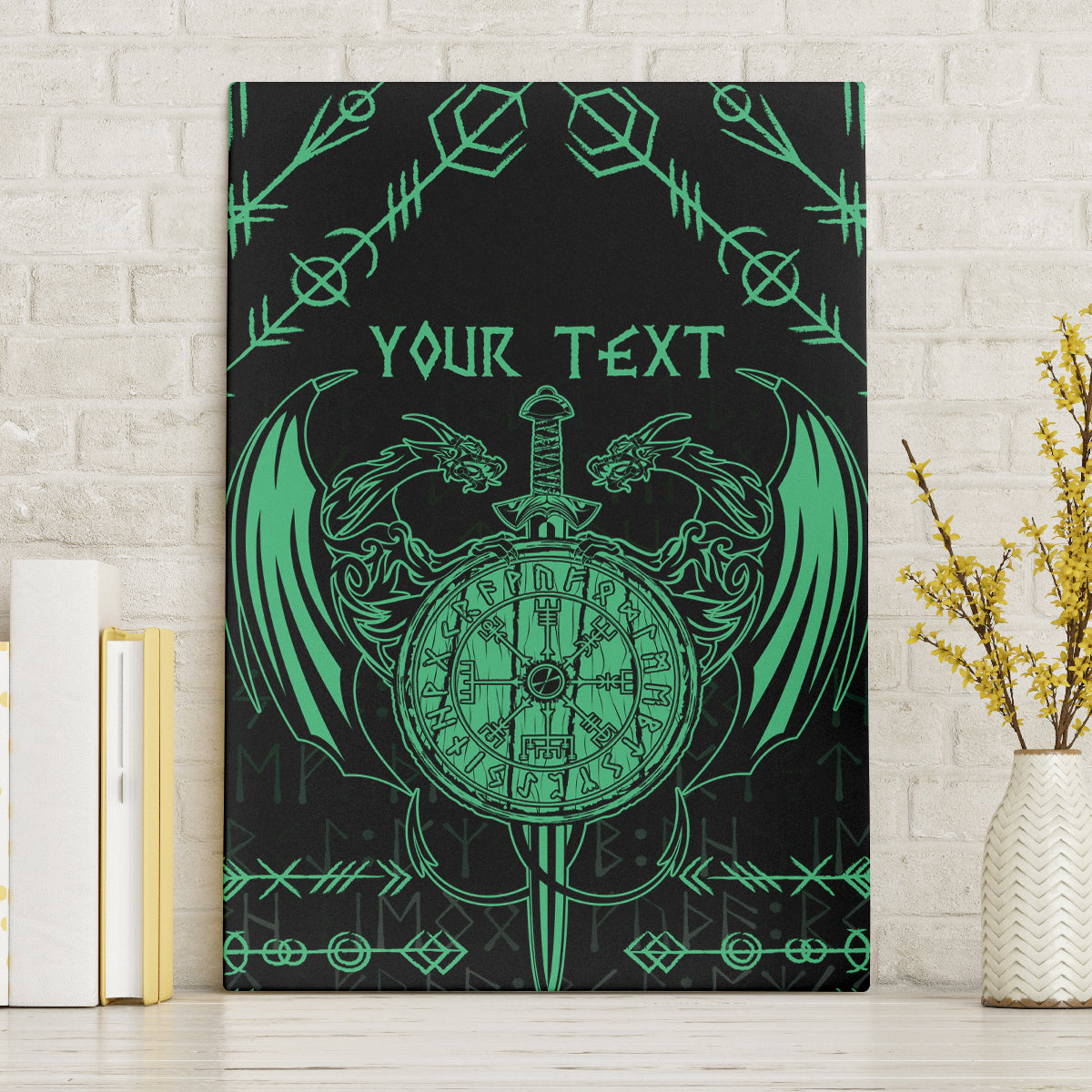 Personalized Viking Dragon Canvas Wall Art with Sword Green Scandinavian Tattoo