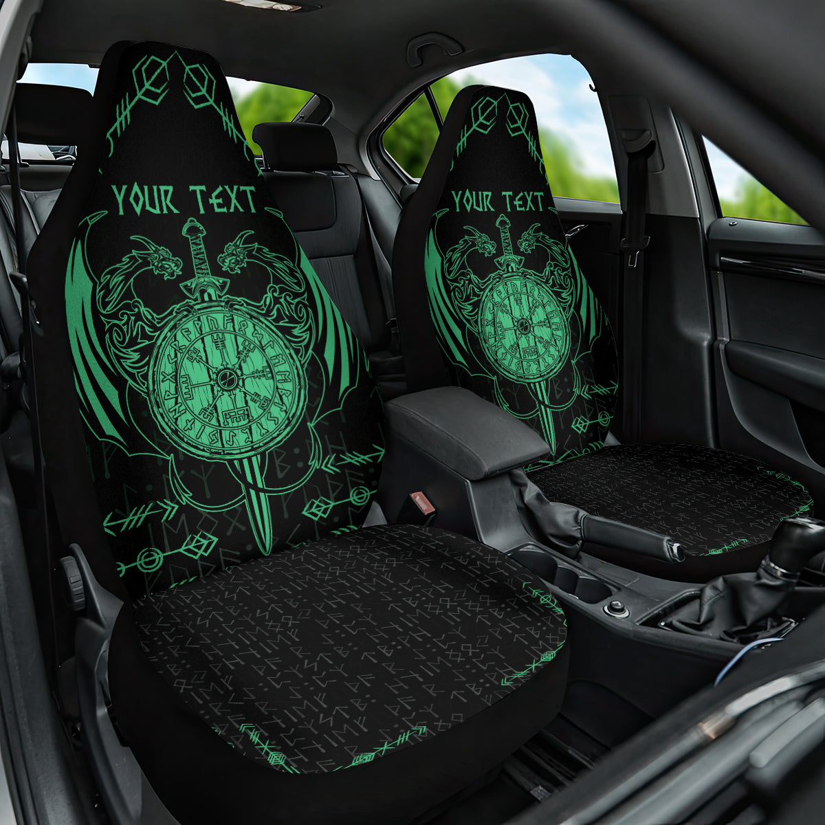 Personalized Viking Dragon Car Seat Cover with Sword Green Scandinavian Tattoo
