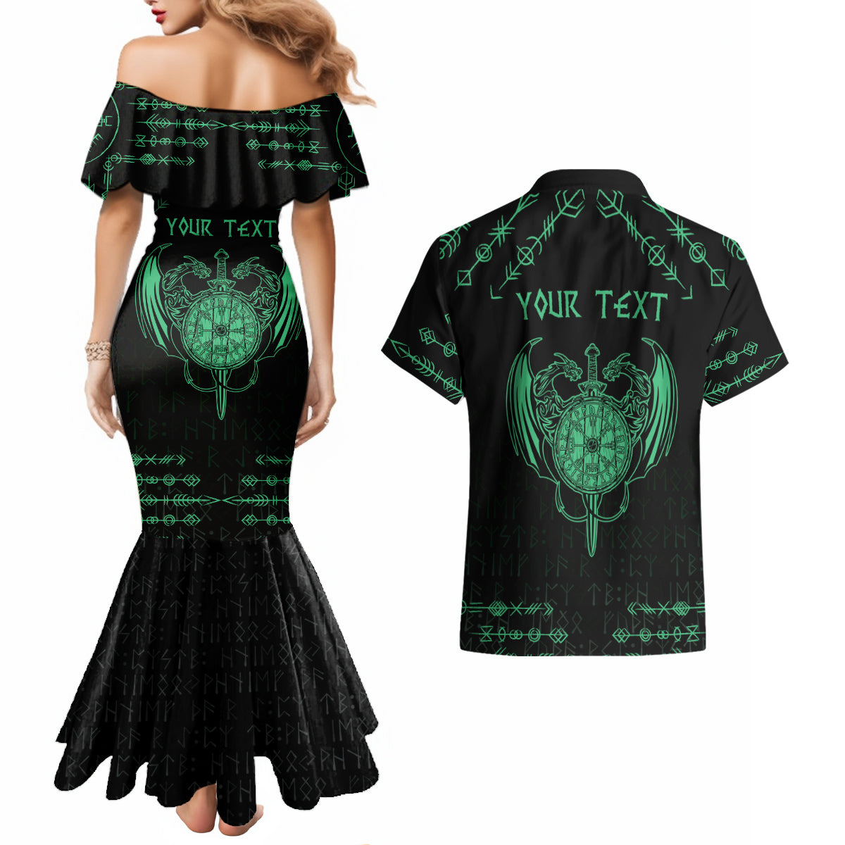 Personalized Viking Dragon Couples Matching Mermaid Dress and Hawaiian Shirt with Sword Green Scandinavian Tattoo LT9 - Wonder Print Shop