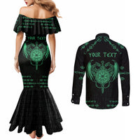 Personalized Viking Dragon Couples Matching Mermaid Dress and Long Sleeve Button Shirt with Sword Green Scandinavian Tattoo