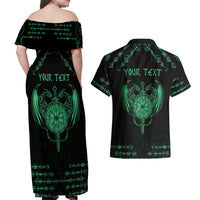 Personalized Viking Dragon Couples Matching Off Shoulder Maxi Dress and Hawaiian Shirt with Sword Green Scandinavian Tattoo LT9 - Wonder Print Shop