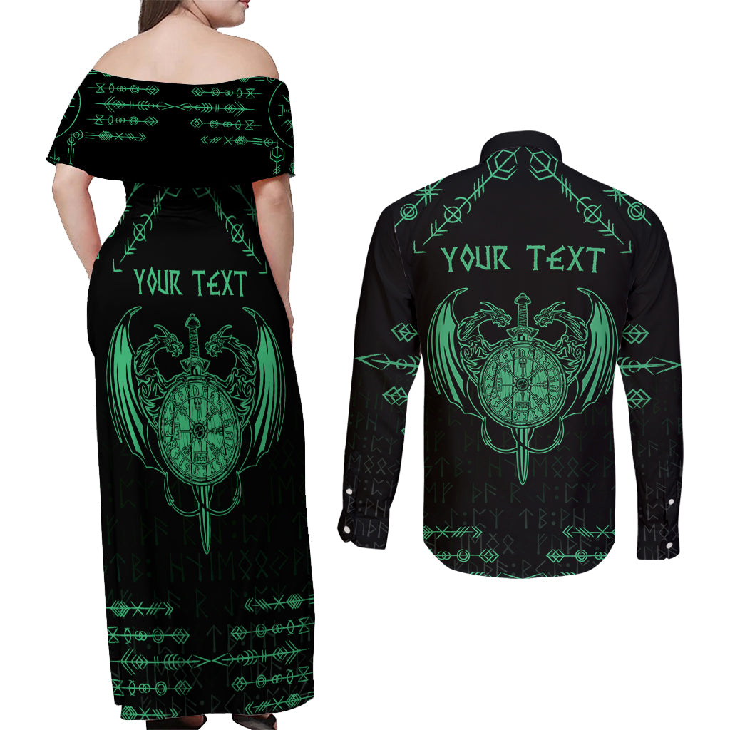 Personalized Viking Dragon Couples Matching Off Shoulder Maxi Dress and Long Sleeve Button Shirt with Sword Green Scandinavian Tattoo LT9 - Wonder Print Shop