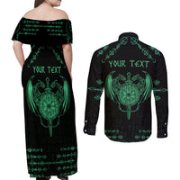 Personalized Viking Dragon Couples Matching Off Shoulder Maxi Dress and Long Sleeve Button Shirt with Sword Green Scandinavian Tattoo LT9 - Wonder Print Shop