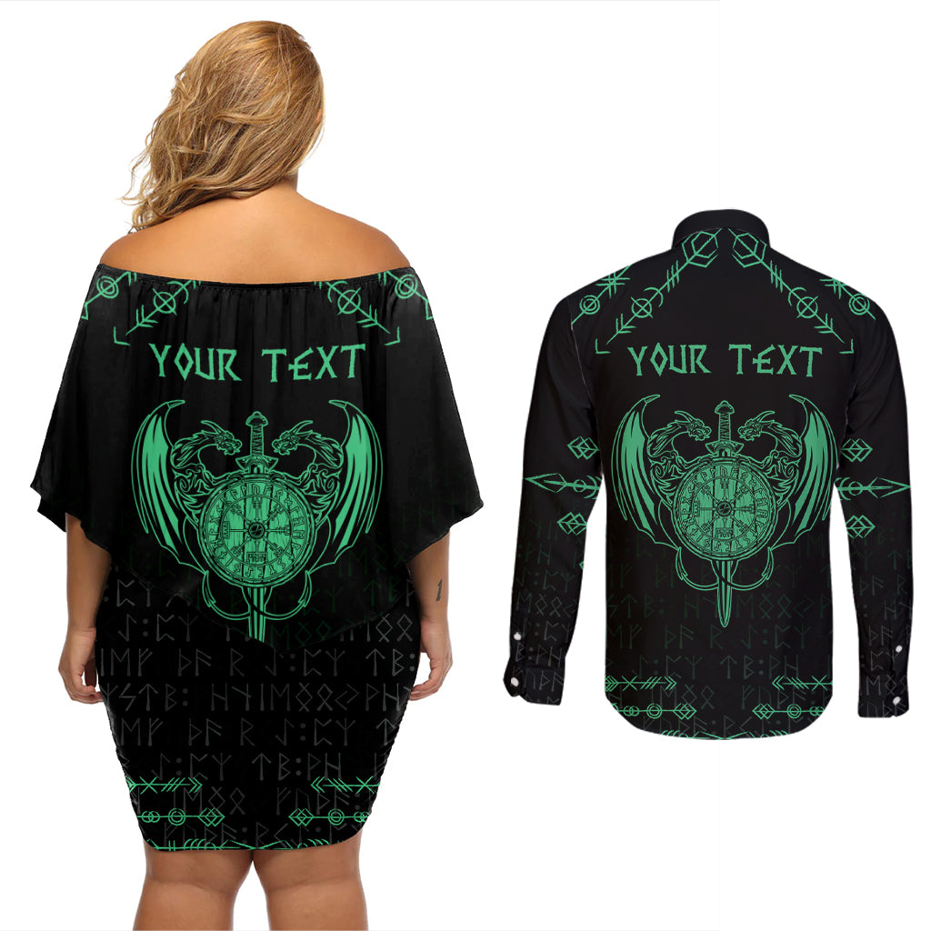 Personalized Viking Dragon Couples Matching Off Shoulder Short Dress and Long Sleeve Button Shirt with Sword Green Scandinavian Tattoo LT9 - Wonder Print Shop
