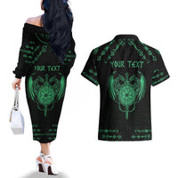 Personalized Viking Dragon Couples Matching Off The Shoulder Long Sleeve Dress and Hawaiian Shirt with Sword Green Scandinavian Tattoo LT9 - Wonder Print Shop