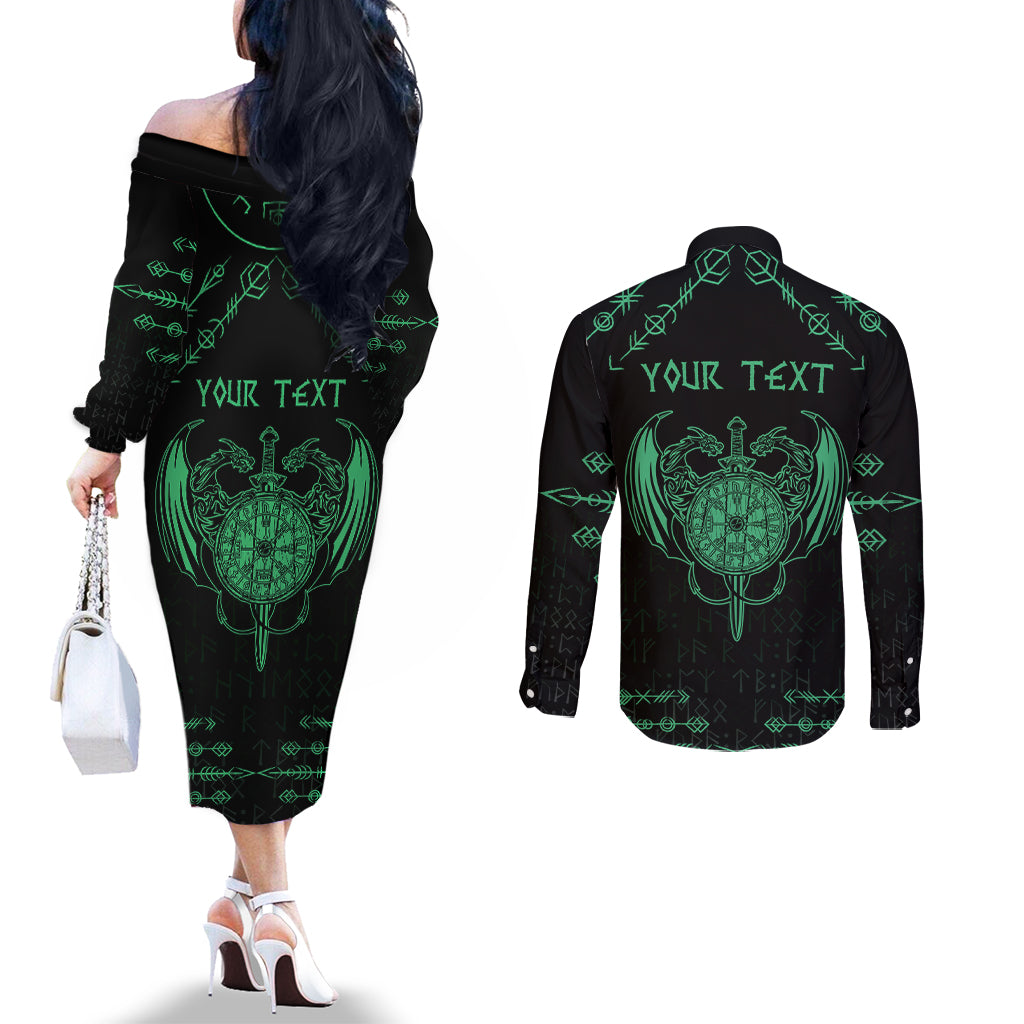 Personalized Viking Dragon Couples Matching Off The Shoulder Long Sleeve Dress and Long Sleeve Button Shirt with Sword Green Scandinavian Tattoo