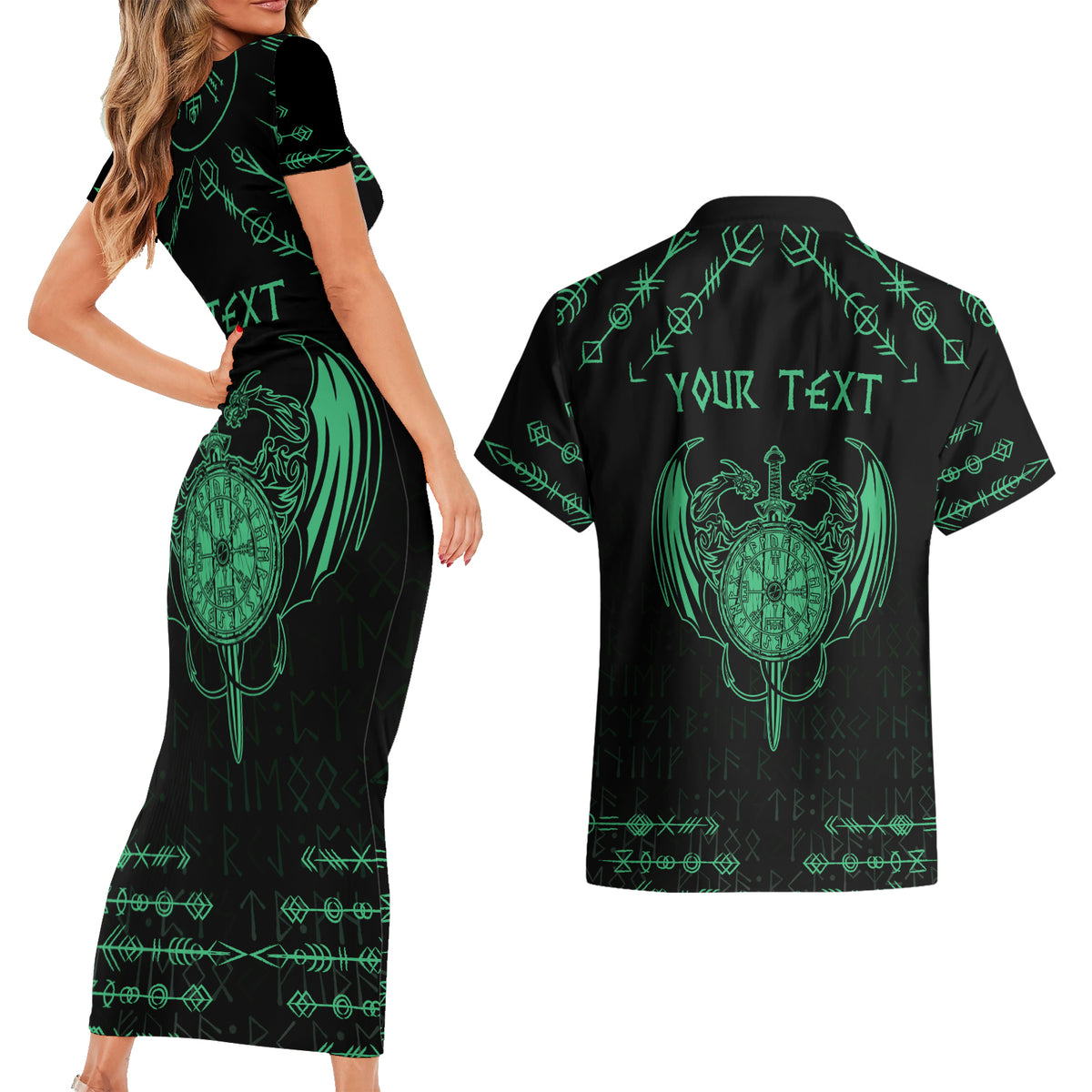 Personalized Viking Dragon Couples Matching Short Sleeve Bodycon Dress and Hawaiian Shirt with Sword Green Scandinavian Tattoo LT9 - Wonder Print Shop