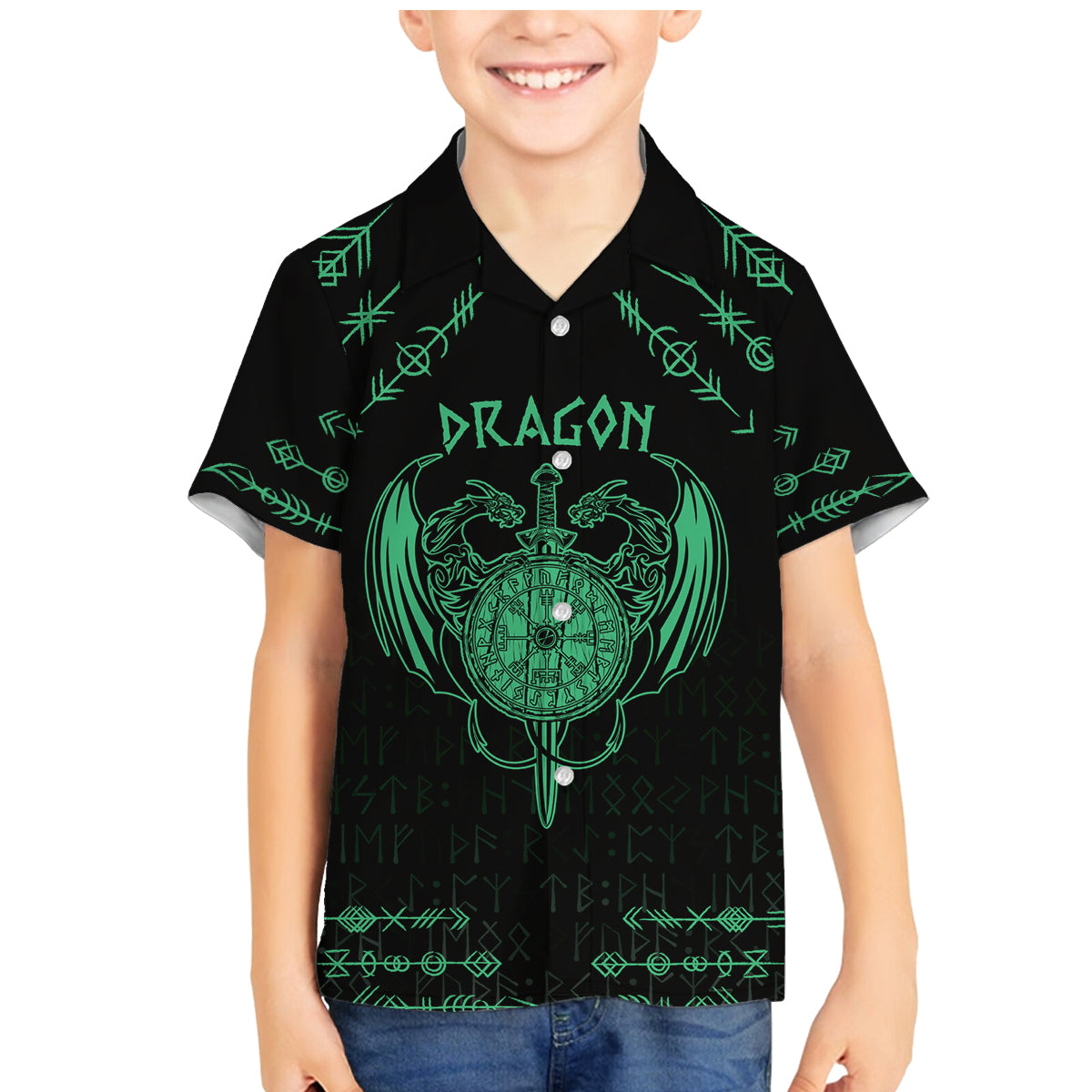 Personalized Viking Dragon Family Matching Mermaid Dress and Hawaiian Shirt with Sword Green Scandinavian Tattoo LT9 - Wonder Print Shop