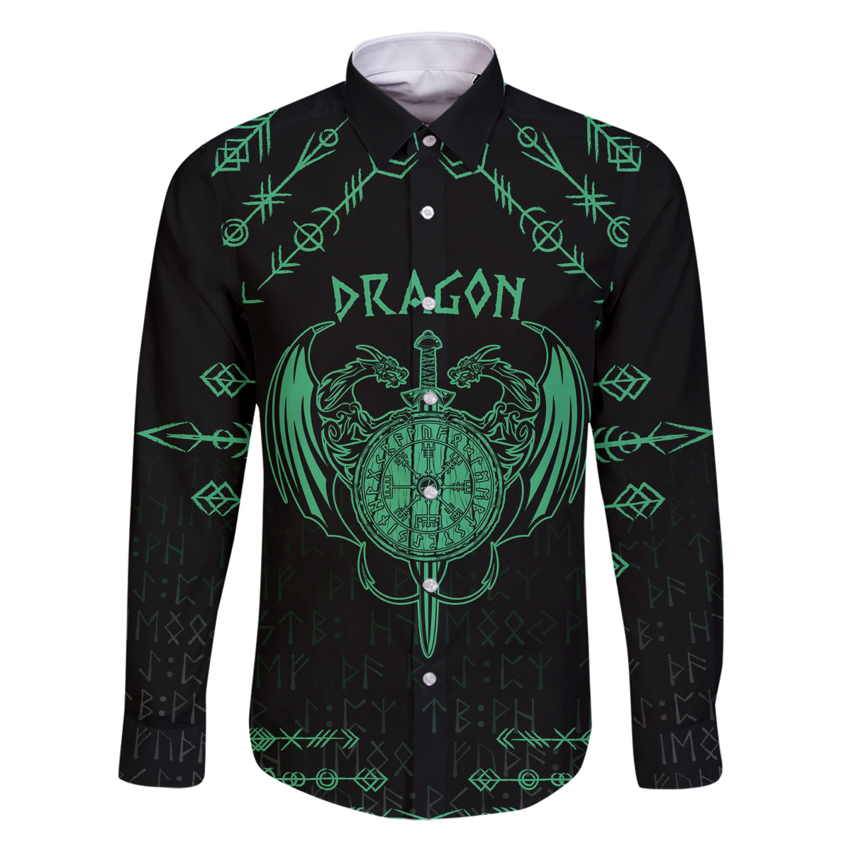 Personalized Viking Dragon Family Matching Off The Shoulder Long Sleeve Dress and Hawaiian Shirt with Sword Green Scandinavian Tattoo - Wonder Print Shop