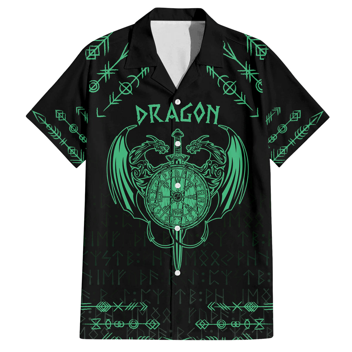 Personalized Viking Dragon Family Matching Off Shoulder Maxi Dress and Hawaiian Shirt with Sword Green Scandinavian Tattoo LT9 - Wonder Print Shop