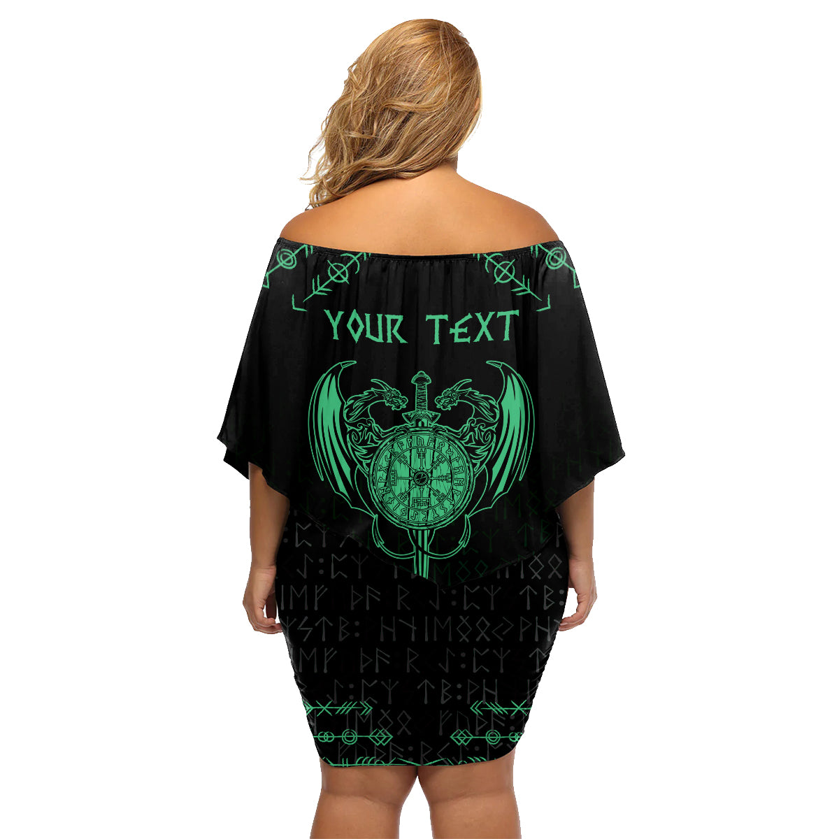 Personalized Viking Dragon Family Matching Off Shoulder Short Dress and Hawaiian Shirt with Sword Green Scandinavian Tattoo LT9 - Wonder Print Shop