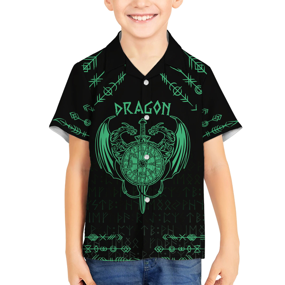 Personalized Viking Dragon Family Matching Puletasi and Hawaiian Shirt with Sword Green Scandinavian Tattoo - Wonder Print Shop