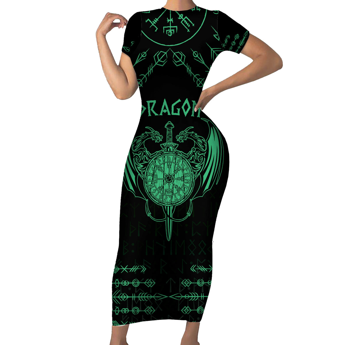 Personalized Viking Dragon Family Matching Short Sleeve Bodycon Dress and Hawaiian Shirt with Sword Green Scandinavian Tattoo - Wonder Print Shop