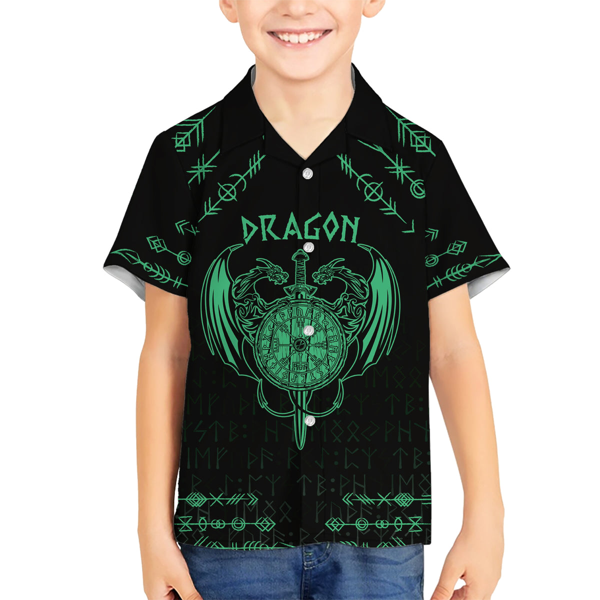 Personalized Viking Dragon Family Matching Short Sleeve Bodycon Dress and Hawaiian Shirt with Sword Green Scandinavian Tattoo - Wonder Print Shop