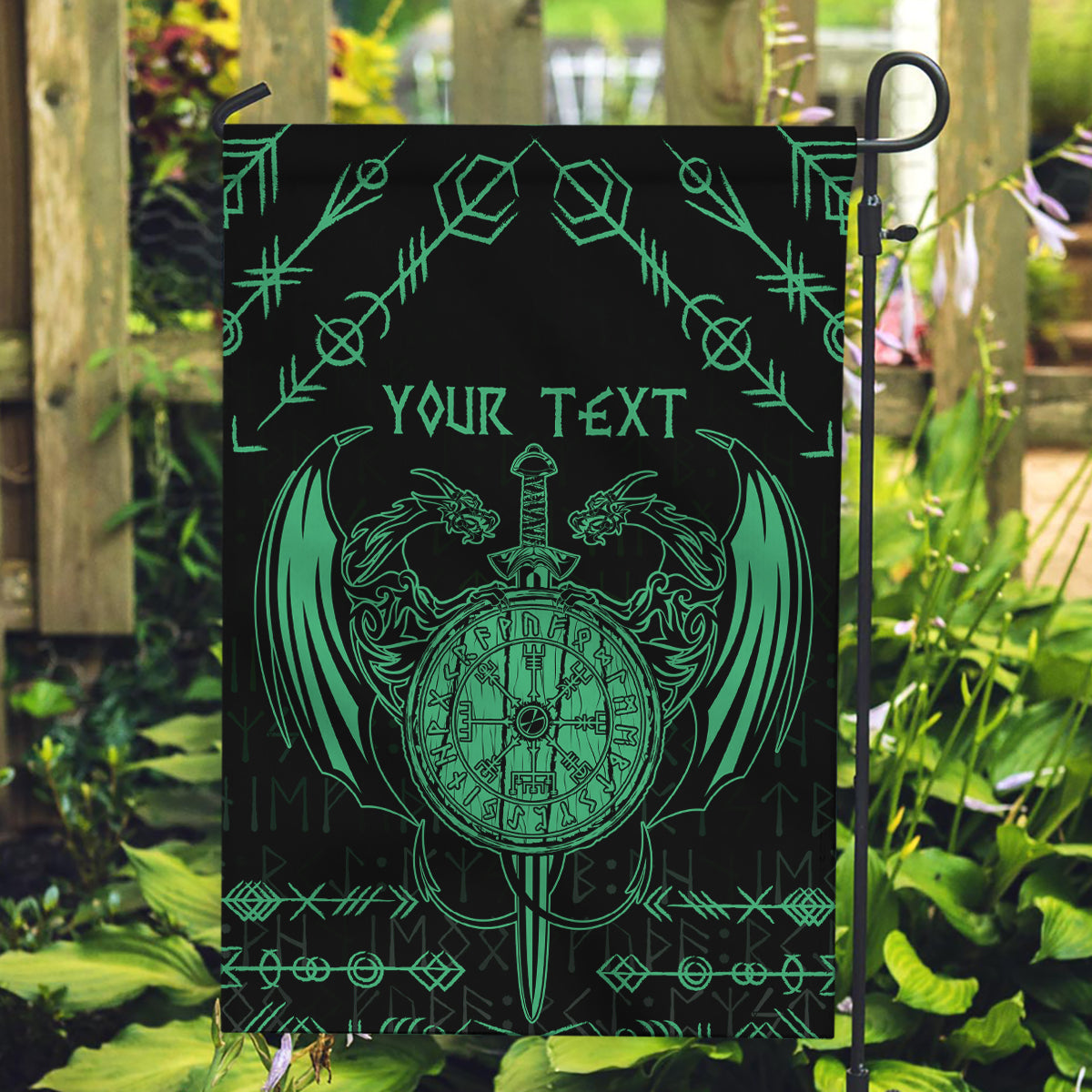 Personalized Viking Dragon Garden Flag with Sword Green Scandinavian Tattoo