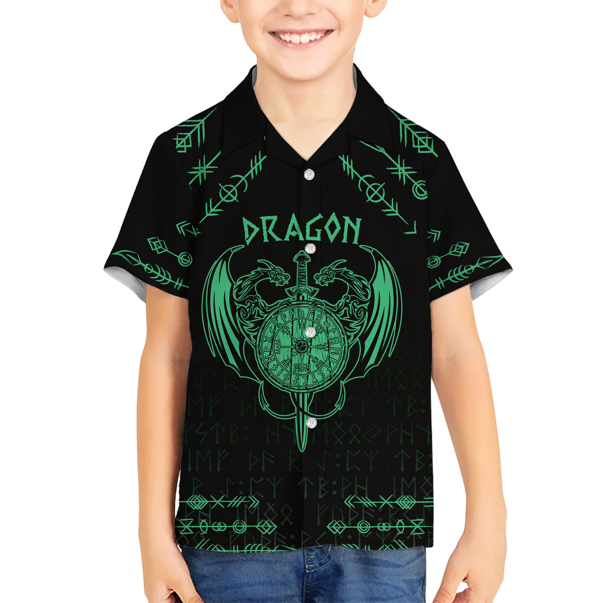 Personalized Viking Dragon Hawaiian Shirt with Sword Green Scandinavian Tattoo - Wonder Print Shop