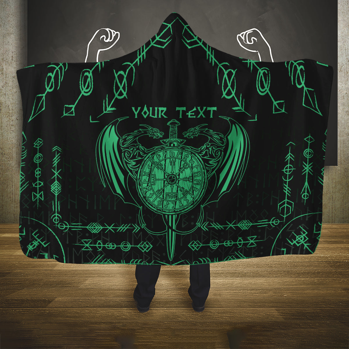 Personalized Viking Dragon Hooded Blanket with Sword Green Scandinavian Tattoo