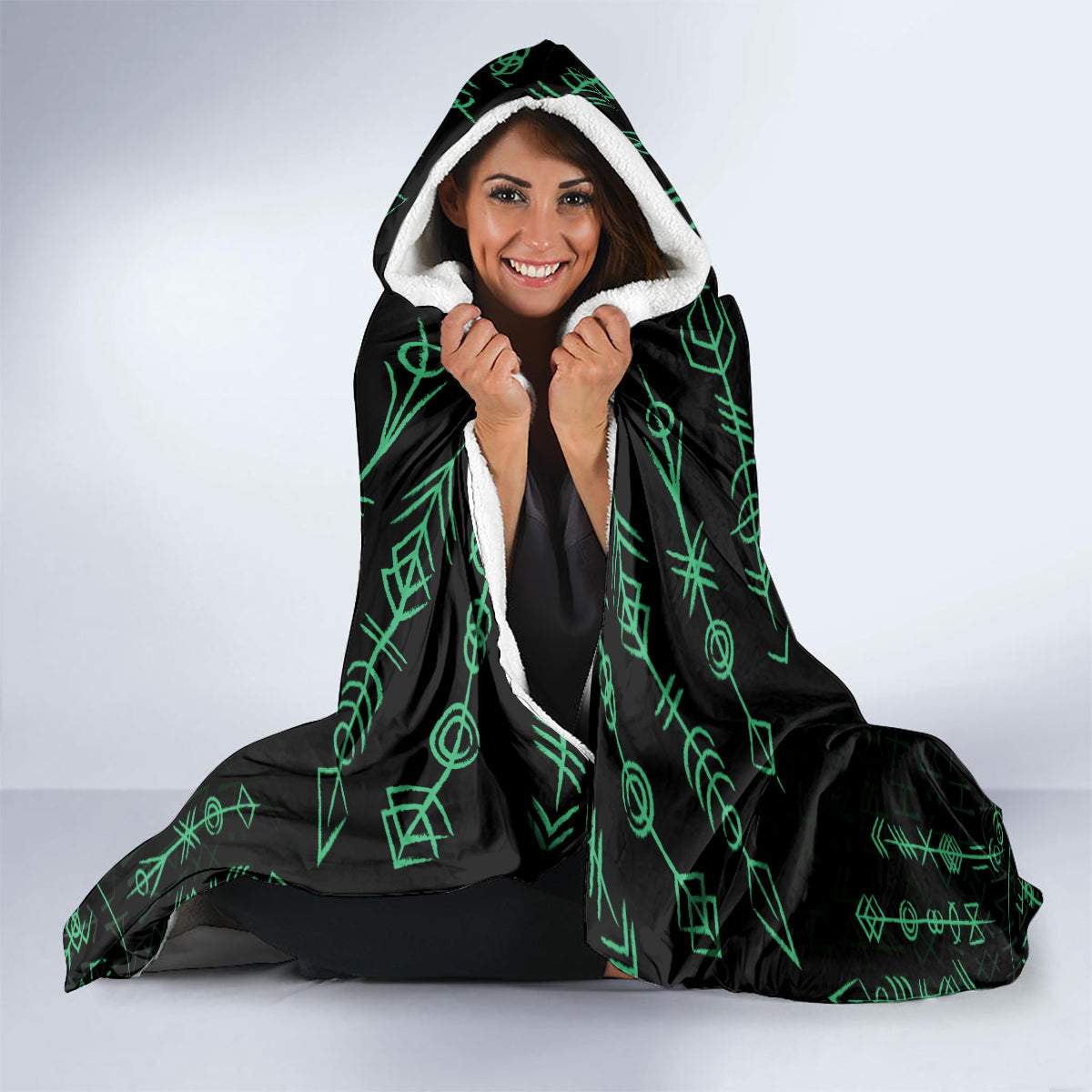 Personalized Viking Dragon Hooded Blanket with Sword Green Scandinavian Tattoo