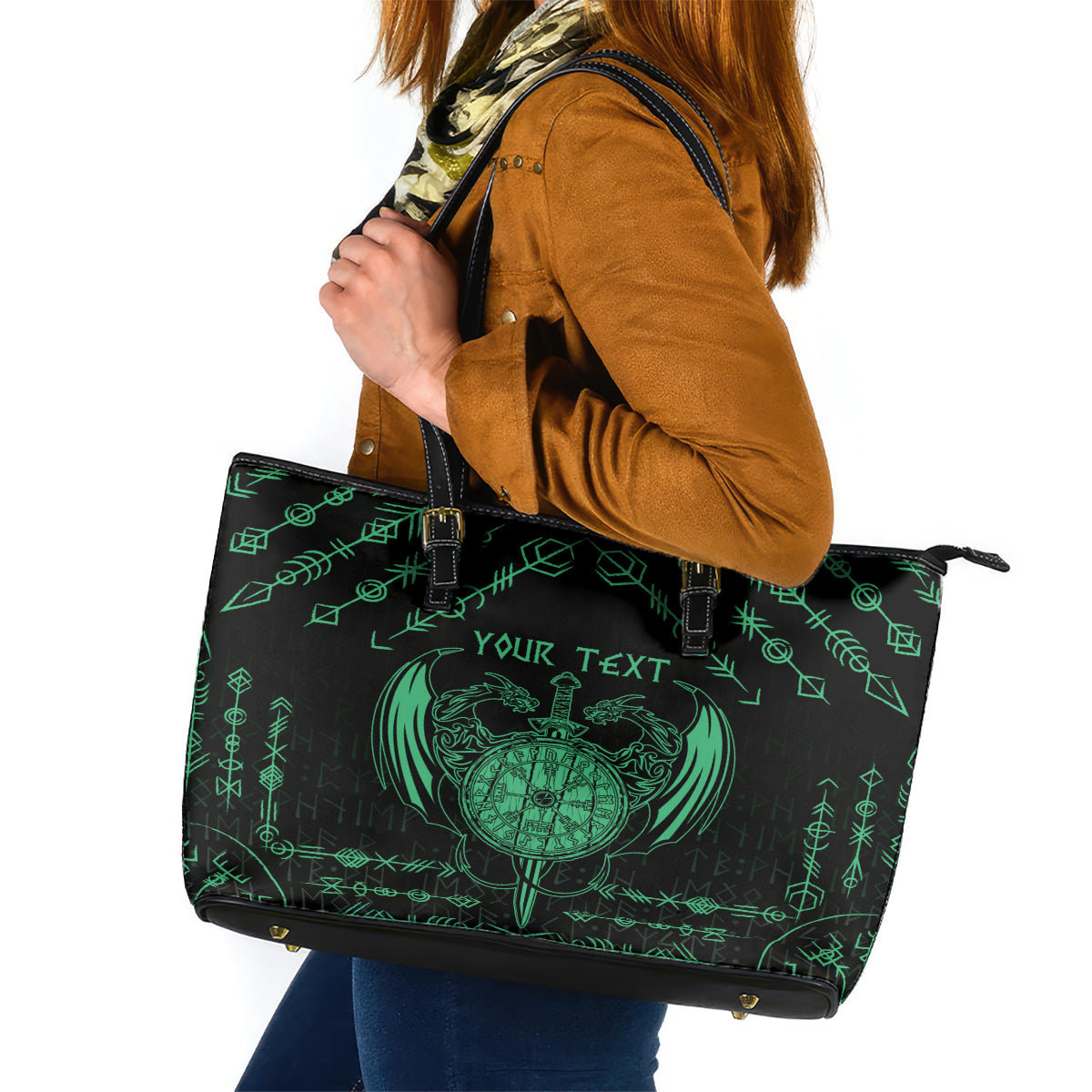 Personalized Viking Dragon Leather Tote Bag with Sword Green Scandinavian Tattoo