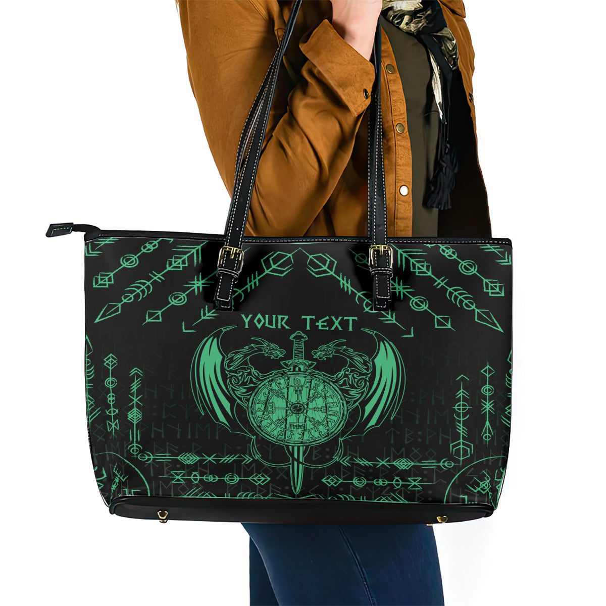 Personalized Viking Dragon Leather Tote Bag with Sword Green Scandinavian Tattoo - Wonder Print Shop
