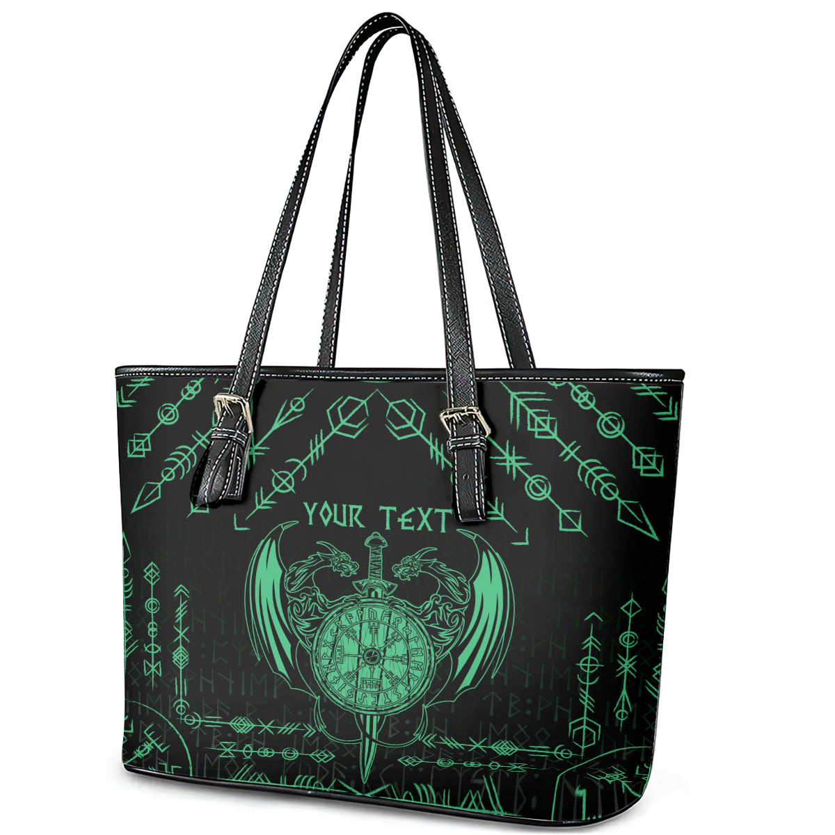 Personalized Viking Dragon Leather Tote Bag with Sword Green Scandinavian Tattoo - Wonder Print Shop