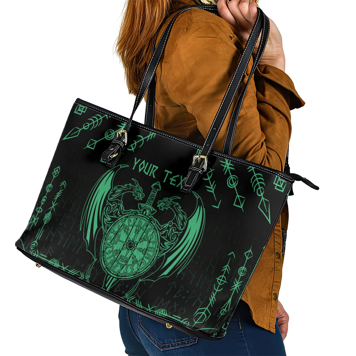 Personalized Viking Dragon Leather Tote Bag with Sword Green Scandinavian Tattoo - Wonder Print Shop