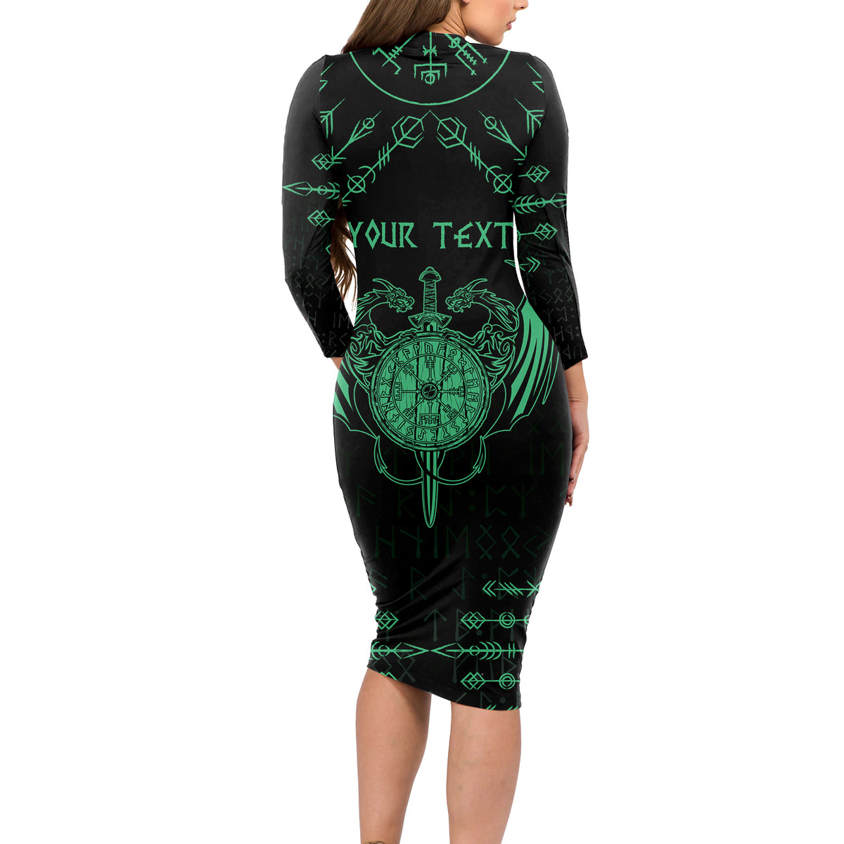 Personalized Viking Dragon Long Sleeve Bodycon Dress with Sword Green Scandinavian Tattoo - Wonder Print Shop