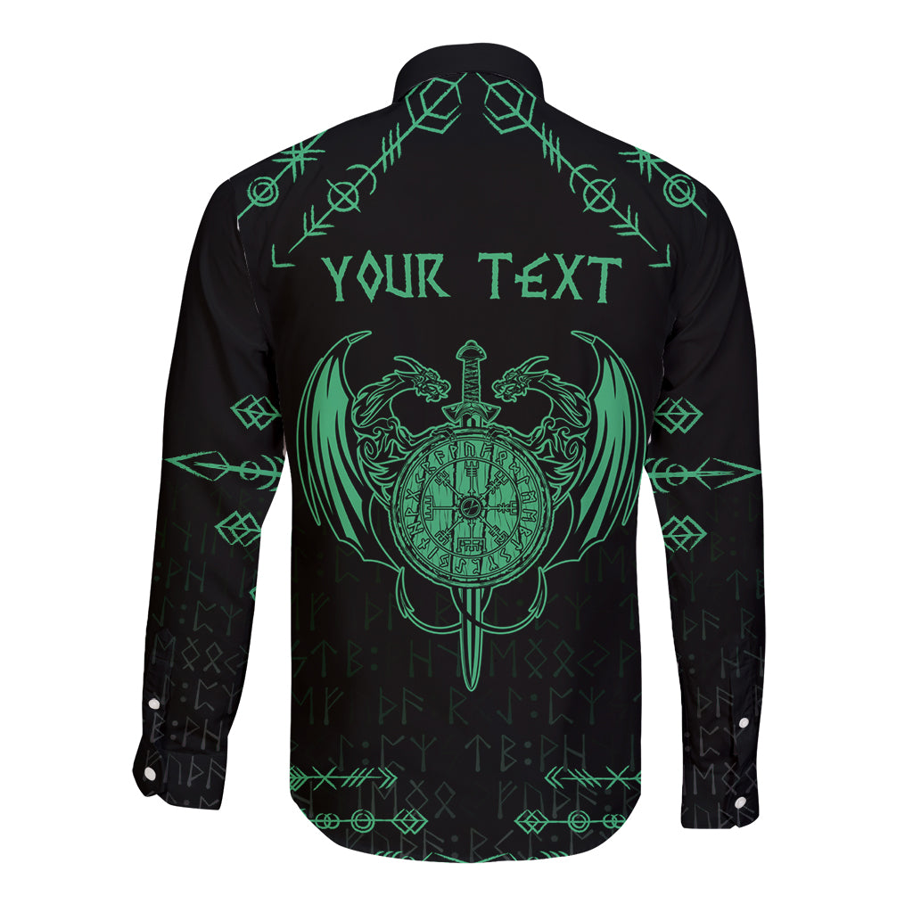 Personalized Viking Dragon Long Sleeve Button Shirt with Sword Green Scandinavian Tattoo - Wonder Print Shop