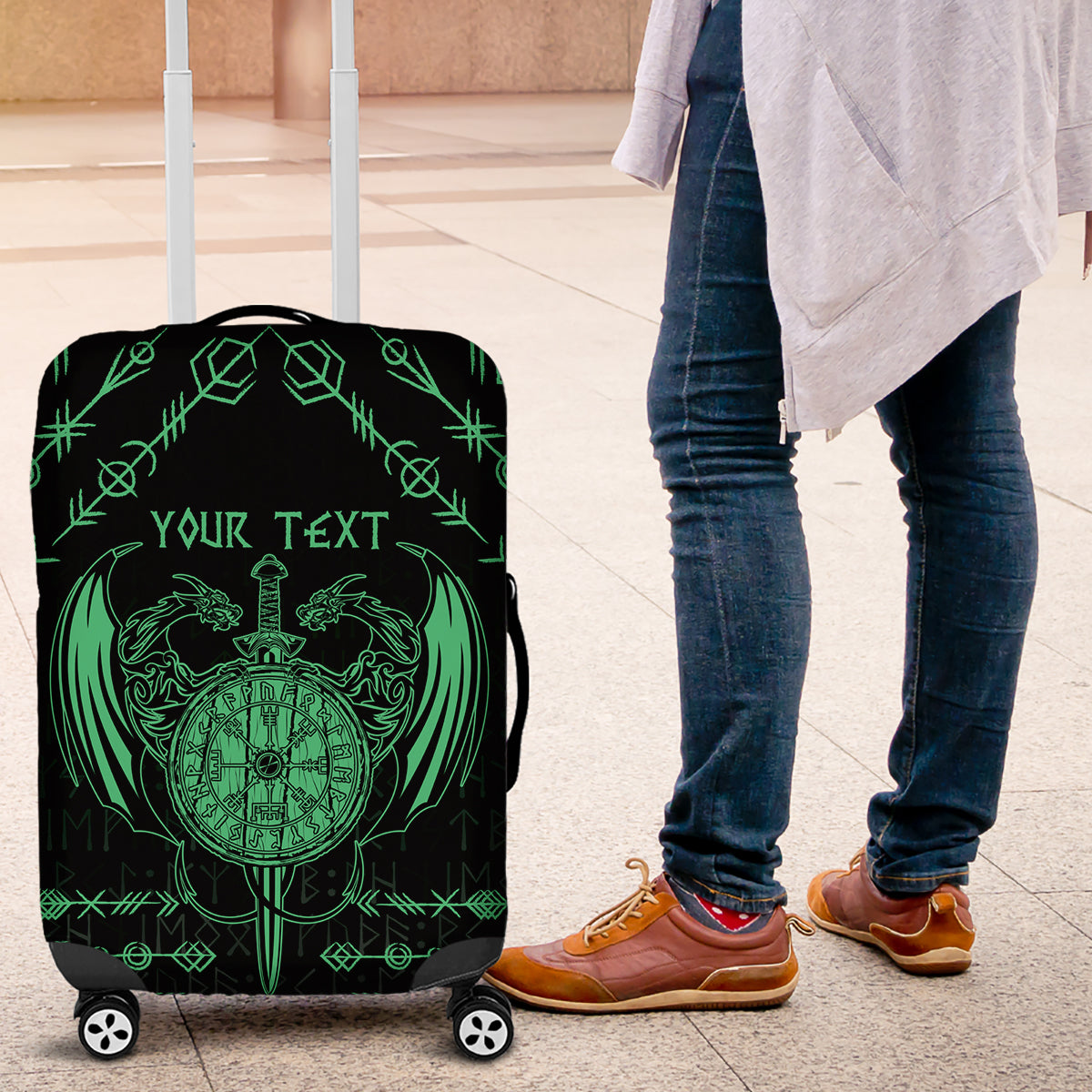 Personalized Viking Dragon Luggage Cover with Sword Green Scandinavian Tattoo