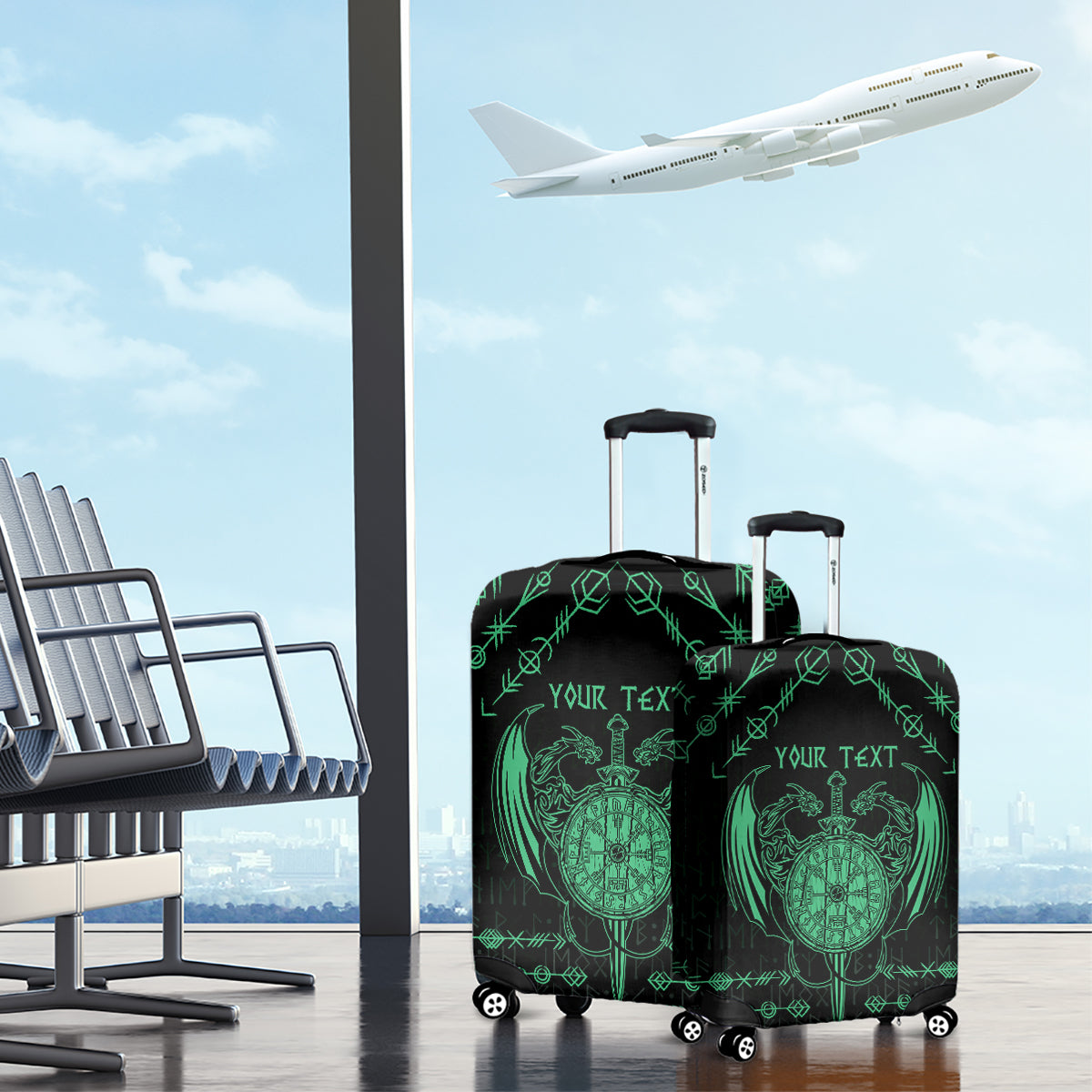 Personalized Viking Dragon Luggage Cover with Sword Green Scandinavian Tattoo - Wonder Print Shop