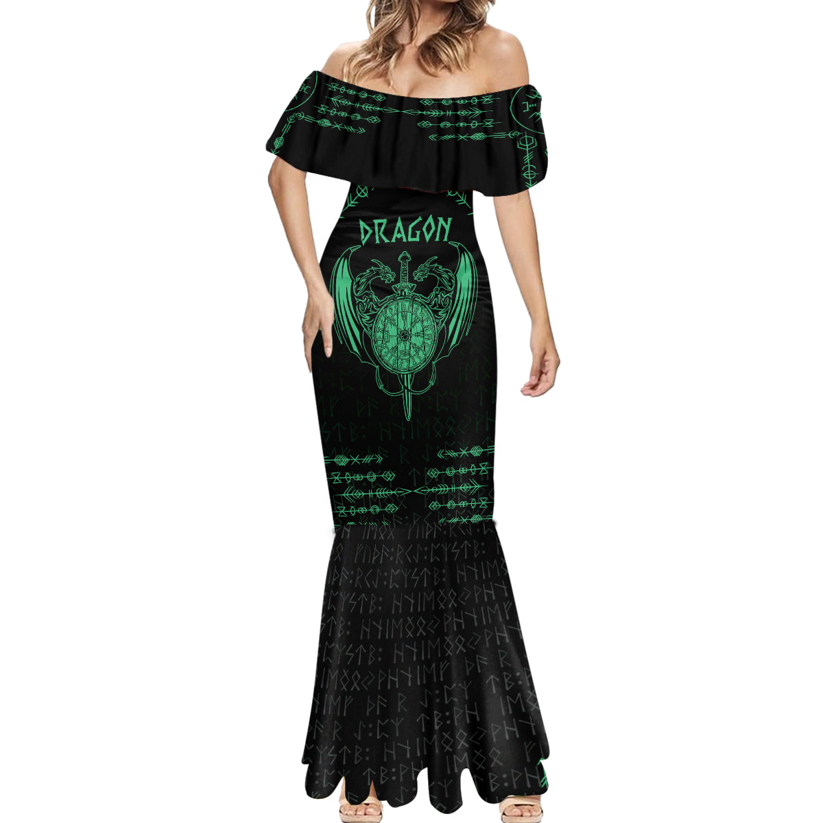 Personalized Viking Dragon Mermaid Dress with Sword Green Scandinavian Tattoo - Wonder Print Shop