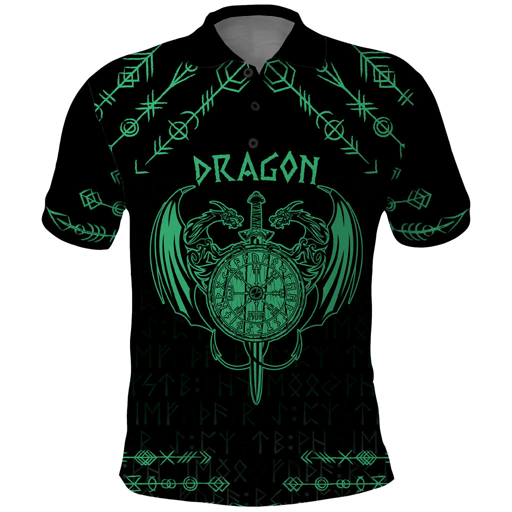 Personalized Viking Dragon Polo Shirt with Sword Green Scandinavian Tattoo