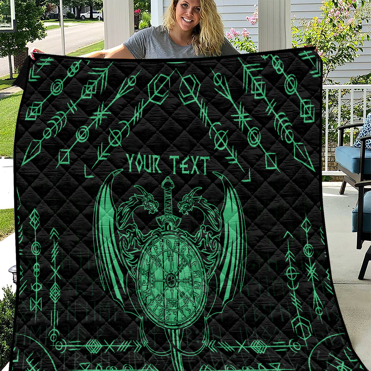Personalized Viking Dragon Quilt with Sword Green Scandinavian Tattoo - Wonder Print Shop