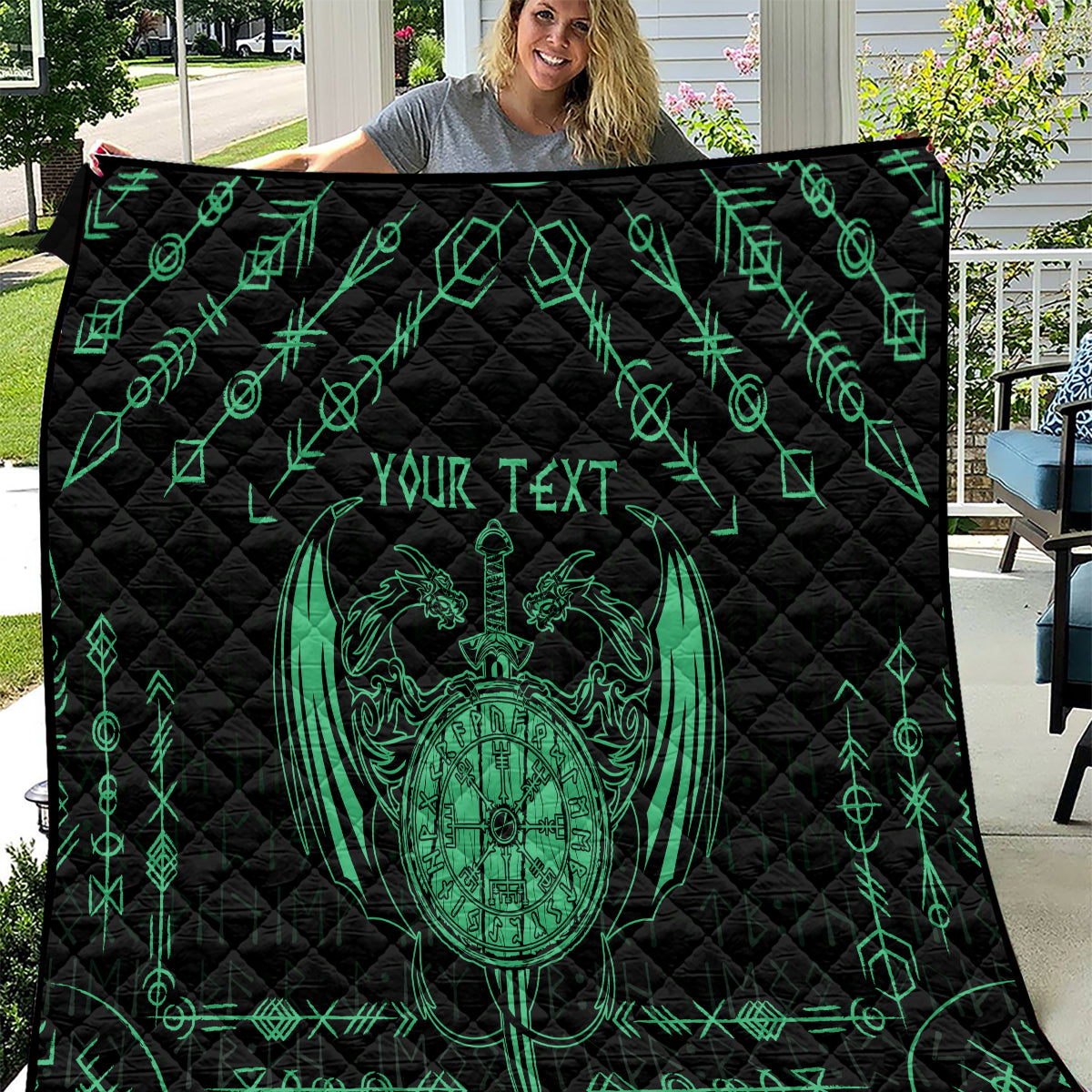 Personalized Viking Dragon Quilt with Sword Green Scandinavian Tattoo