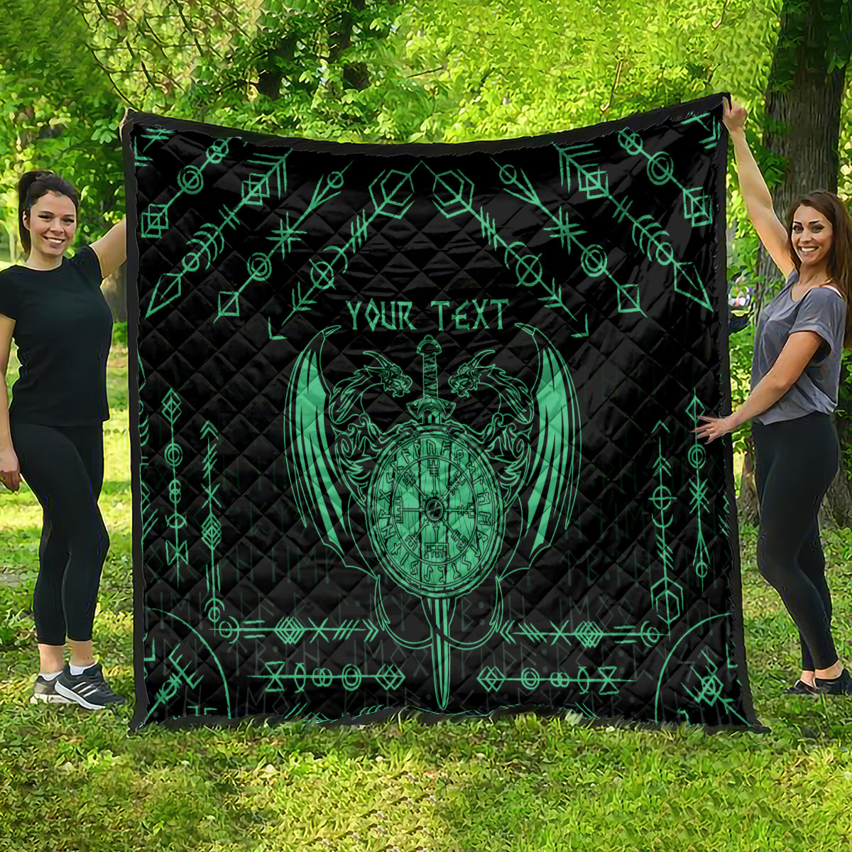 Personalized Viking Dragon Quilt with Sword Green Scandinavian Tattoo - Wonder Print Shop