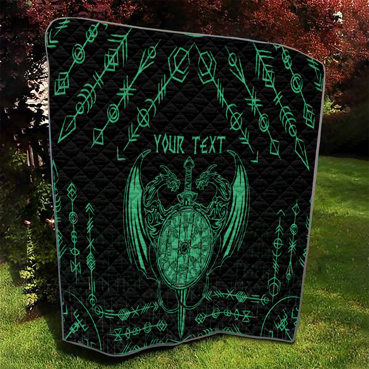 Personalized Viking Dragon Quilt with Sword Green Scandinavian Tattoo - Wonder Print Shop