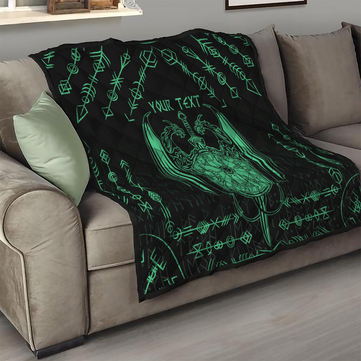 Personalized Viking Dragon Quilt with Sword Green Scandinavian Tattoo - Wonder Print Shop