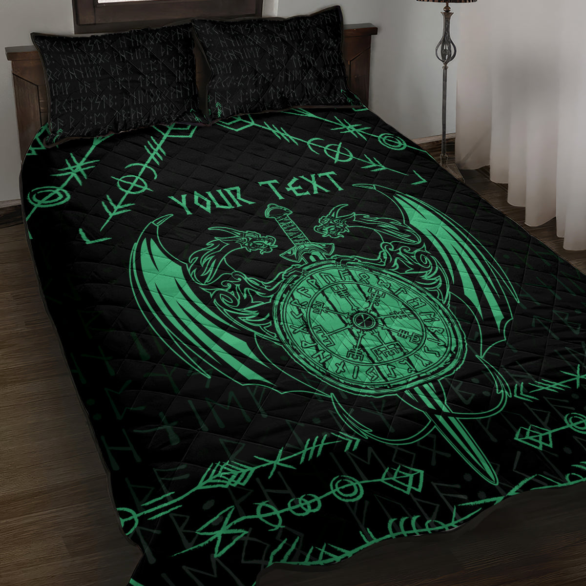 Personalized Viking Dragon Quilt Bed Set with Sword Green Scandinavian Tattoo